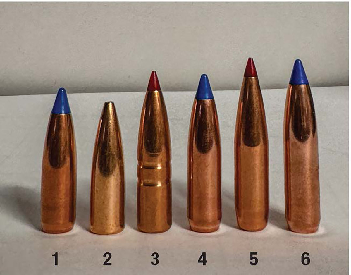 25-caliber bullets tested: (1) 85-grain Nosler Ballistic Tip, (2) 87-grain Speer TNT, (3) 90-grain Hornady CX, (4) 100-grain Nosler Ballistic Tip, (5) 110-grain Hornady ELD-X and (6) 115-grain Nosler Ballistic Tip.